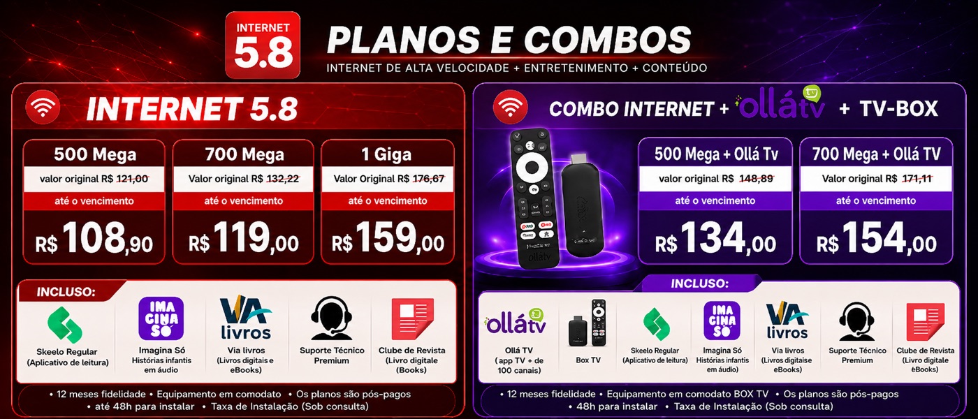 Planos e combos: internet de alta velocidade + entretenimento + conteúdo